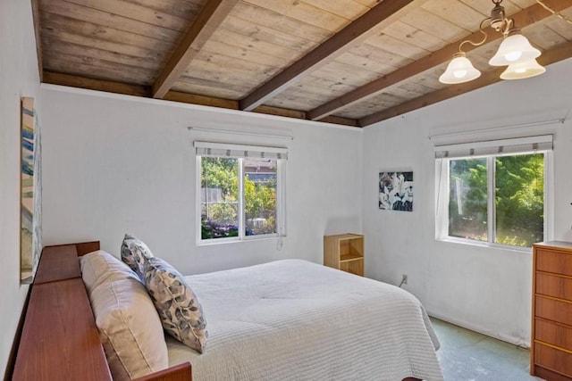 bedroom featuring vaulted ceiling with beams, a chandelier, and wooden ceiling