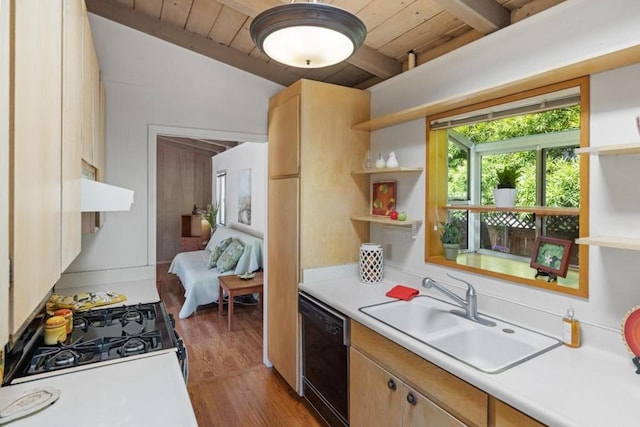 kitchen featuring vaulted ceiling with beams, stove, black dishwasher, wood ceiling, and sink