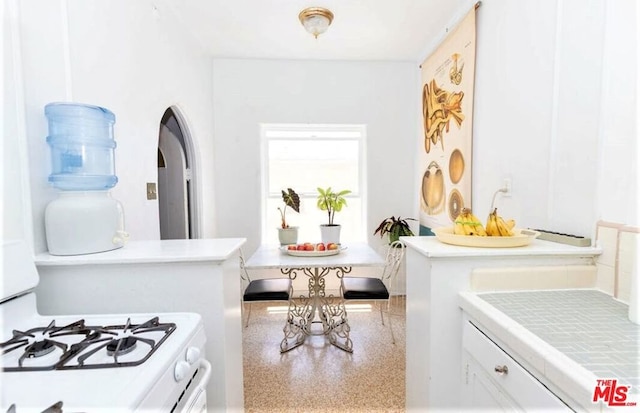 kitchen with range and white cabinetry