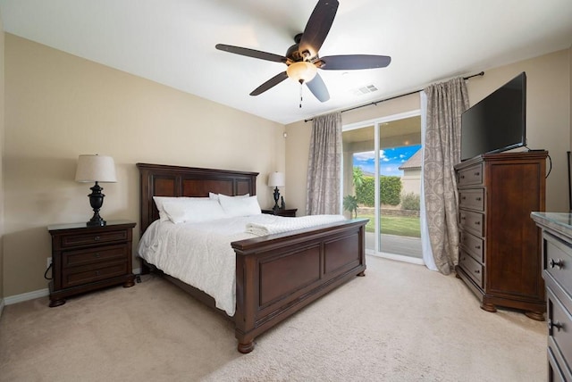 carpeted bedroom with access to outside and ceiling fan