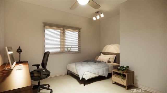 bedroom with ceiling fan and carpet floors