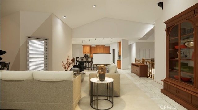 tiled living room with high vaulted ceiling