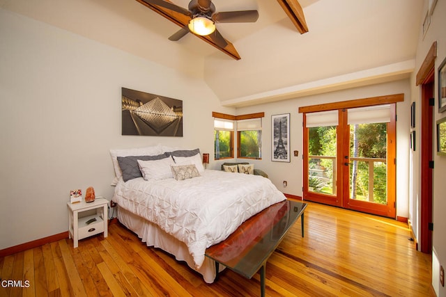 bedroom with french doors, light hardwood / wood-style floors, ceiling fan, and beamed ceiling