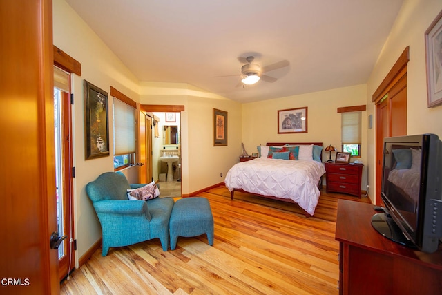 bedroom with light hardwood / wood-style floors and ceiling fan