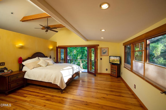 bedroom featuring access to exterior, wood-type flooring, ceiling fan, and lofted ceiling with beams