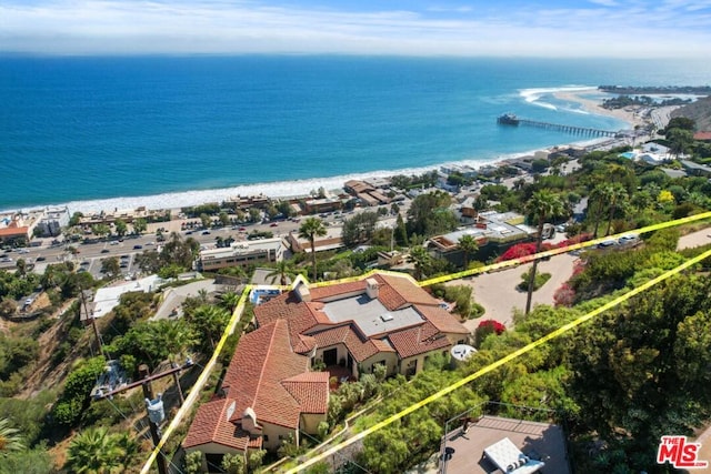 bird's eye view with a water view and a view of the beach