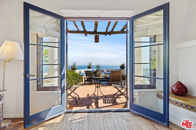 doorway with a water view and wood-type flooring