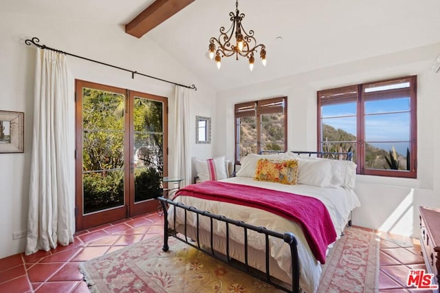 tiled bedroom featuring an inviting chandelier, access to outside, and vaulted ceiling with beams