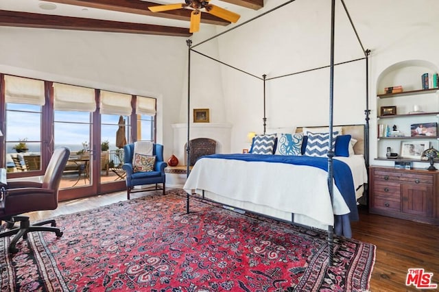 bedroom featuring ceiling fan, beam ceiling, high vaulted ceiling, and dark wood-type flooring