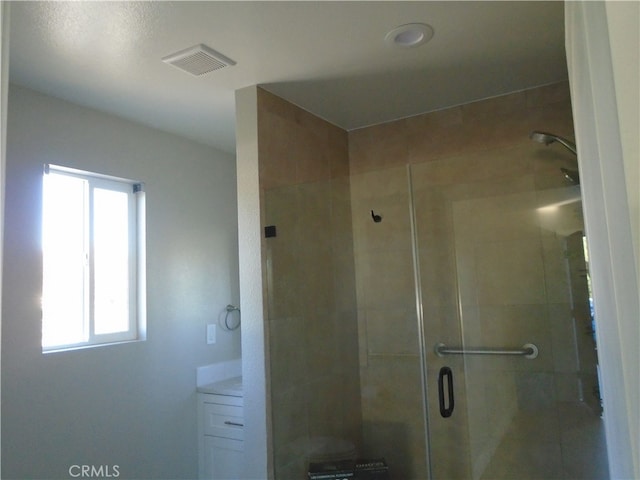 bathroom featuring vanity, a shower with door, and a wealth of natural light