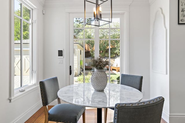 dining area with plenty of natural light, hardwood / wood-style floors, and crown molding