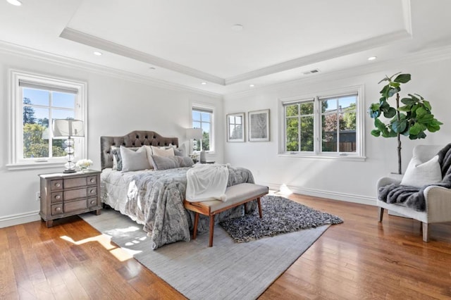 bedroom featuring multiple windows, wood-type flooring, and a tray ceiling