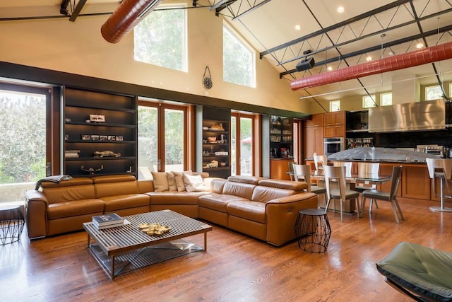 living room with wood-type flooring and high vaulted ceiling