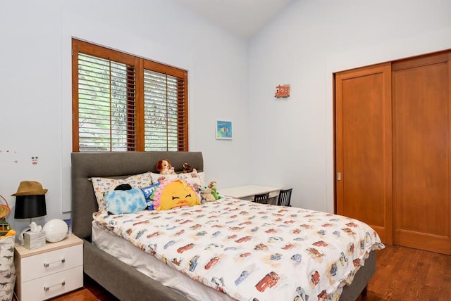 bedroom with lofted ceiling and dark hardwood / wood-style flooring