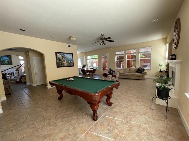 game room featuring billiards, light tile floors, and ceiling fan