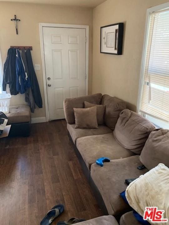 living room with dark hardwood / wood-style floors