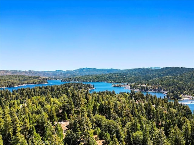 drone / aerial view featuring a water and mountain view