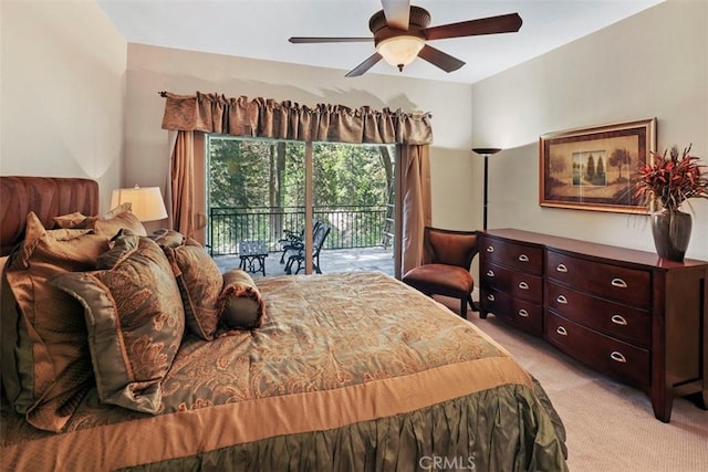 bedroom featuring ceiling fan, light colored carpet, and access to outside