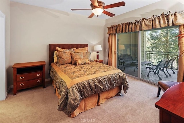 bedroom featuring light carpet, ceiling fan, and access to outside