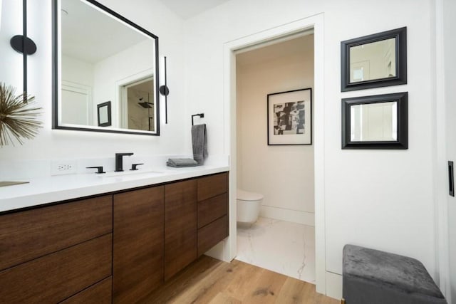 bathroom featuring vanity, toilet, and hardwood / wood-style flooring