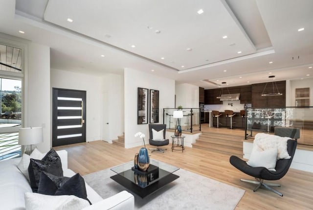 living room with a tray ceiling and light hardwood / wood-style flooring