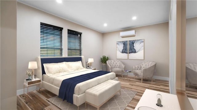 bedroom featuring hardwood / wood-style flooring and an AC wall unit