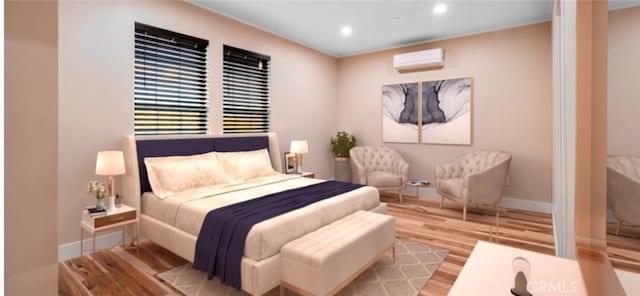 bedroom with light hardwood / wood-style floors and a wall mounted AC