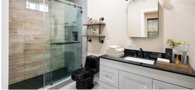 bathroom featuring walk in shower, vanity, and toilet