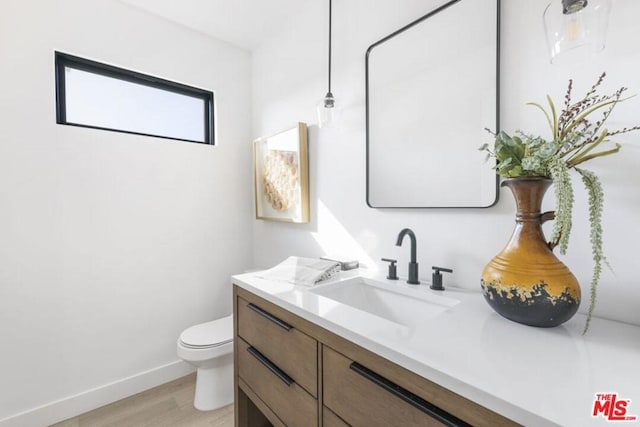 bathroom featuring toilet, oversized vanity, and wood-type flooring