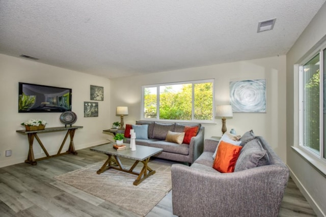 living room with plenty of natural light, a textured ceiling, and light wood-type flooring