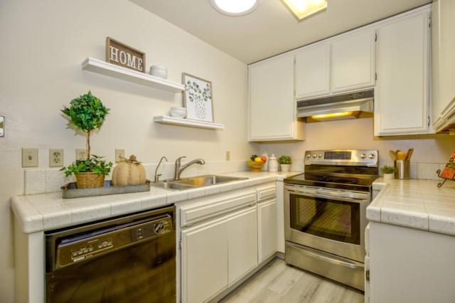 kitchen featuring electric stove, dishwasher, white cabinets, light wood-type flooring, and sink