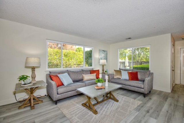 living room featuring plenty of natural light, a textured ceiling, and light wood-type flooring