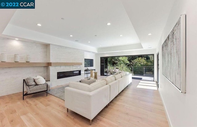 living room featuring a tray ceiling and light hardwood / wood-style floors