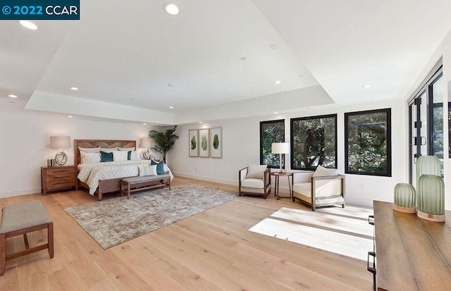 bedroom featuring a raised ceiling and light wood-type flooring