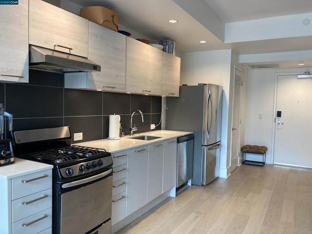 kitchen featuring sink, tasteful backsplash, light hardwood / wood-style flooring, white cabinets, and appliances with stainless steel finishes