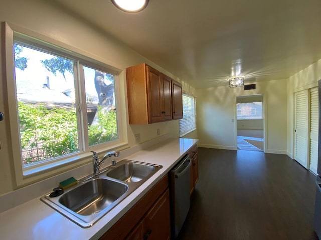 kitchen featuring stainless steel dishwasher, sink, plenty of natural light, and dark hardwood / wood-style floors