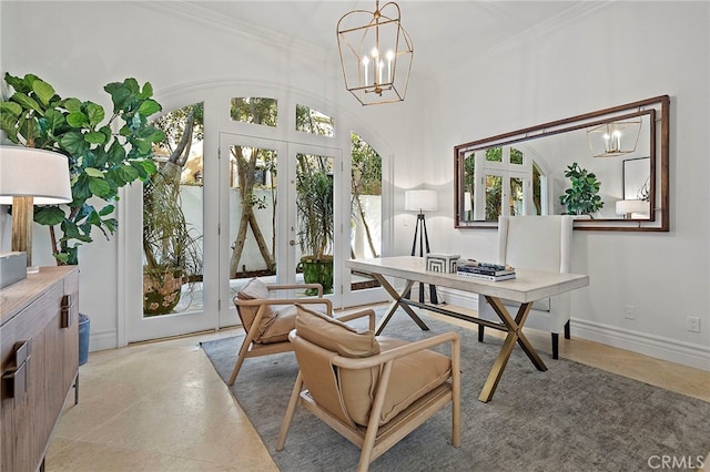 tiled home office featuring an inviting chandelier, crown molding, and french doors