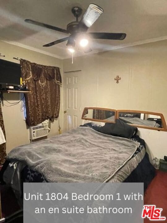 bedroom with ceiling fan and crown molding