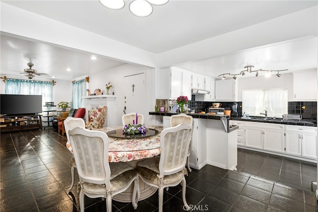 tiled dining room with ceiling fan, rail lighting, and sink