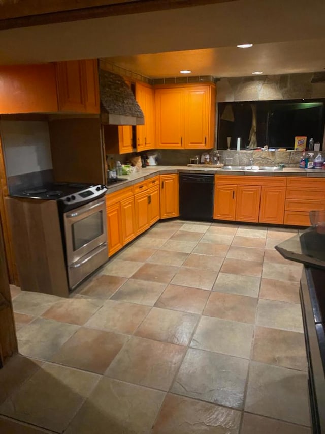 kitchen with stainless steel range oven, light tile flooring, wall chimney exhaust hood, backsplash, and dishwasher