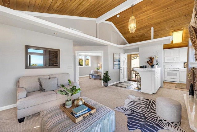 living room with light carpet, beamed ceiling, wood ceiling, and high vaulted ceiling