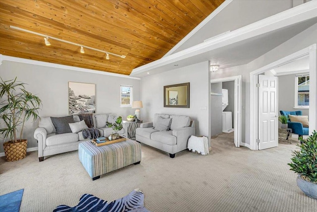 carpeted living room featuring wooden ceiling, track lighting, and lofted ceiling