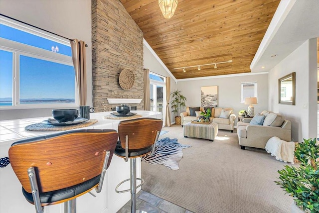 living room with wooden ceiling, rail lighting, high vaulted ceiling, and carpet