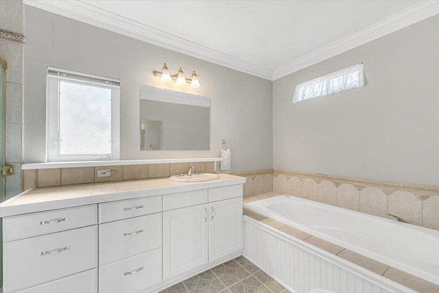 bathroom featuring tiled bath, ornamental molding, vanity, and tile patterned flooring