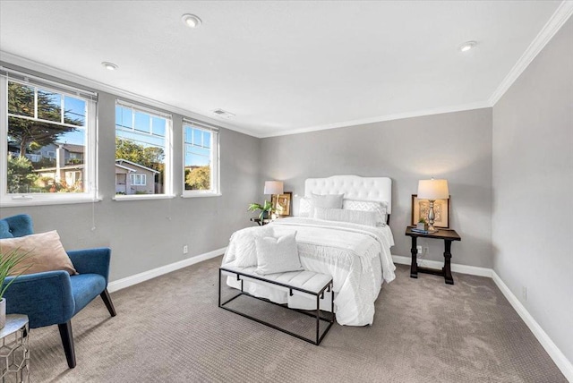 carpeted bedroom featuring ornamental molding