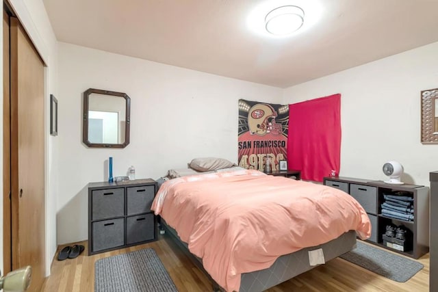 bedroom with hardwood / wood-style floors and a closet