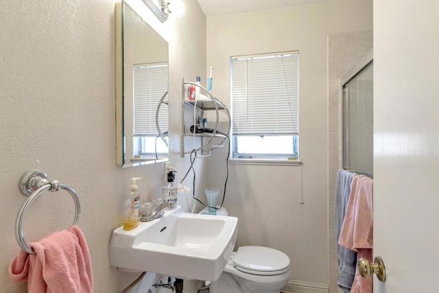 bathroom with toilet, a healthy amount of sunlight, and sink