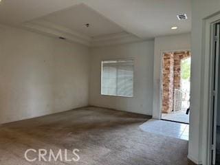 empty room with carpet and a raised ceiling