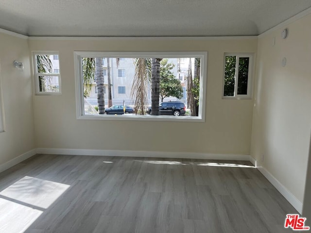 unfurnished room with wood-type flooring and a textured ceiling