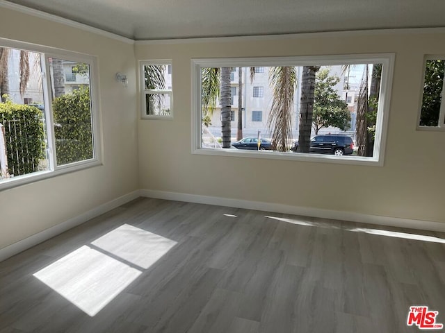 empty room featuring hardwood / wood-style flooring, ornamental molding, and a wealth of natural light